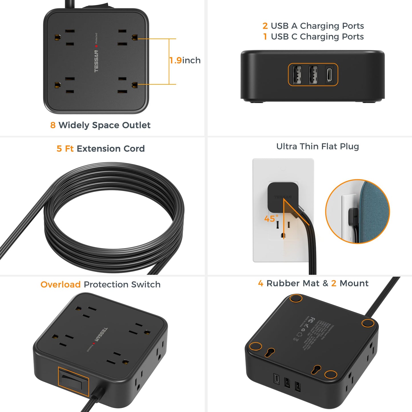 Surge Protector Flat Plug Power Strip,