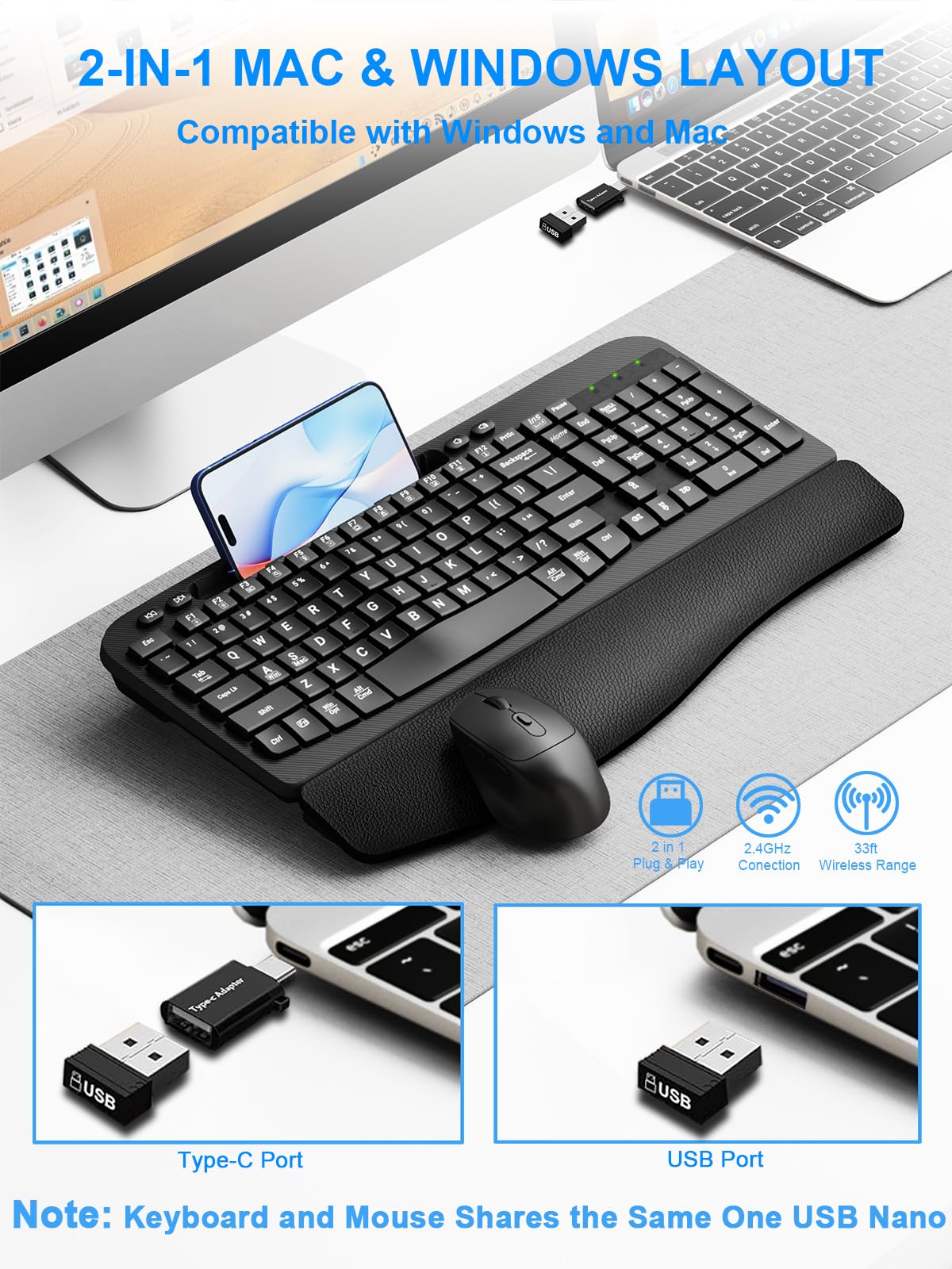 Ergonomic Wireless Keyboard and Mouse Combo