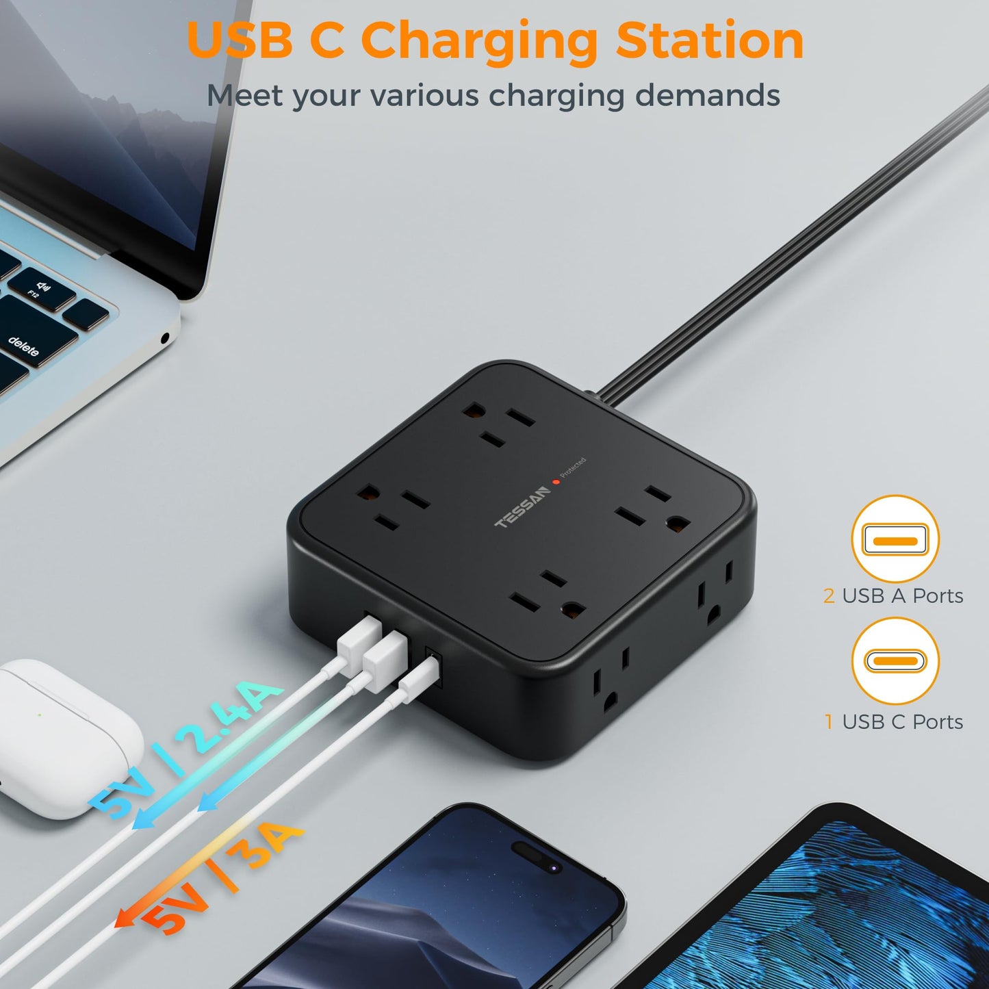 Surge Protector Flat Plug Power Strip,