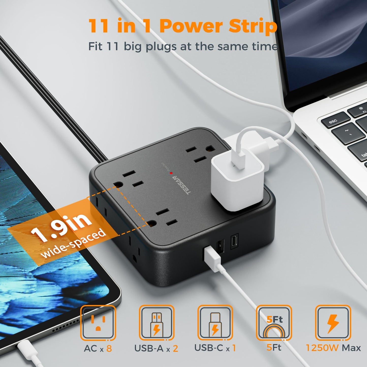 Surge Protector Flat Plug Power Strip,